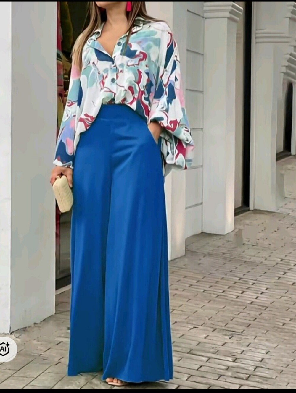Wide-Leg High-Waist Blue Palazzo Set Pants